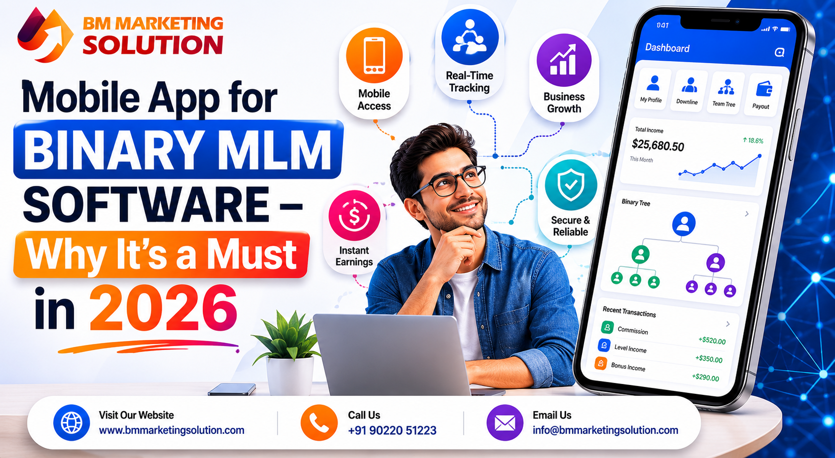 Mobile App for Binary MLM Software dashboard showing commission tracking, team management, and real-time MLM business analytics