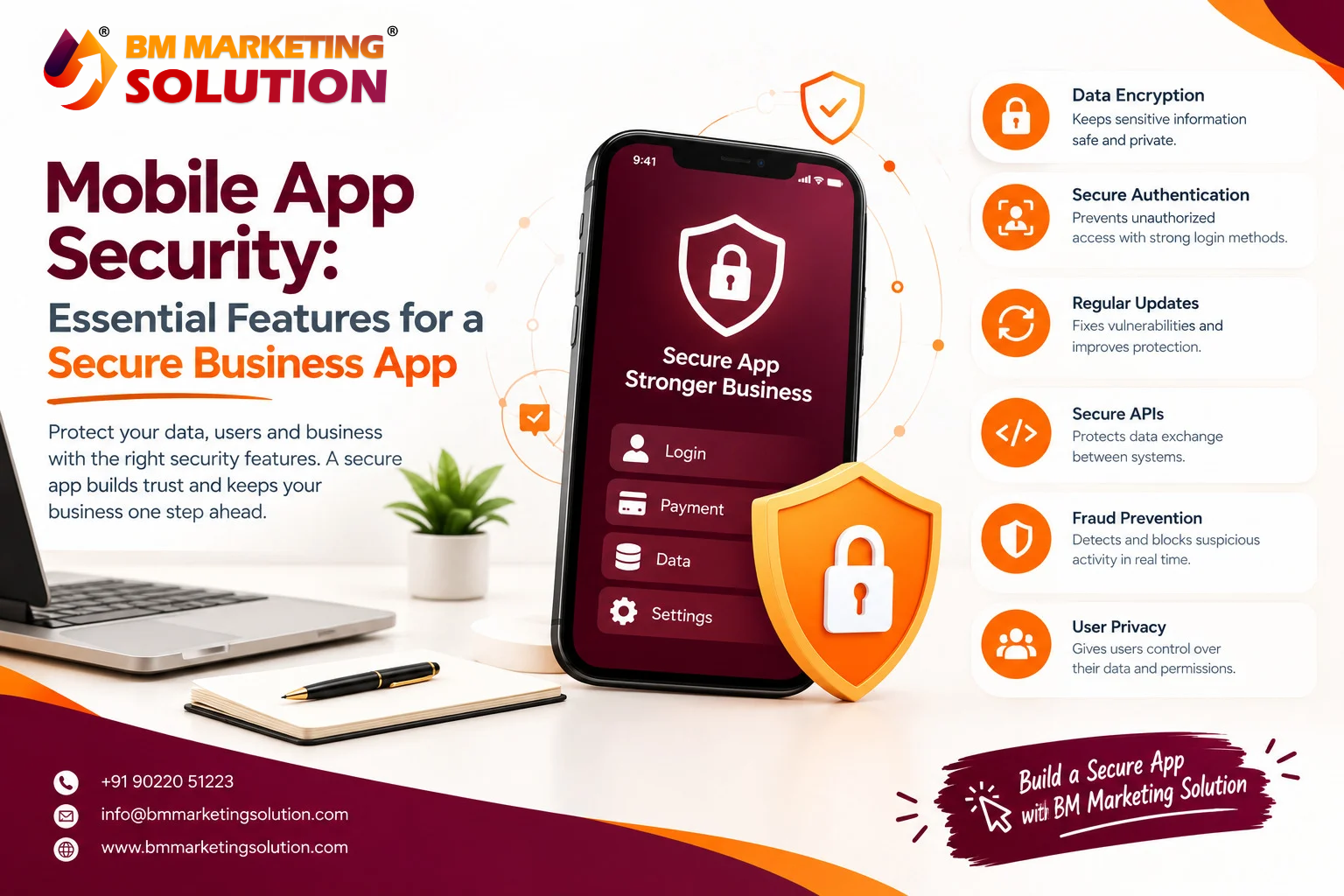 Mobile app security features protecting a secure business app with a shield and lock icon